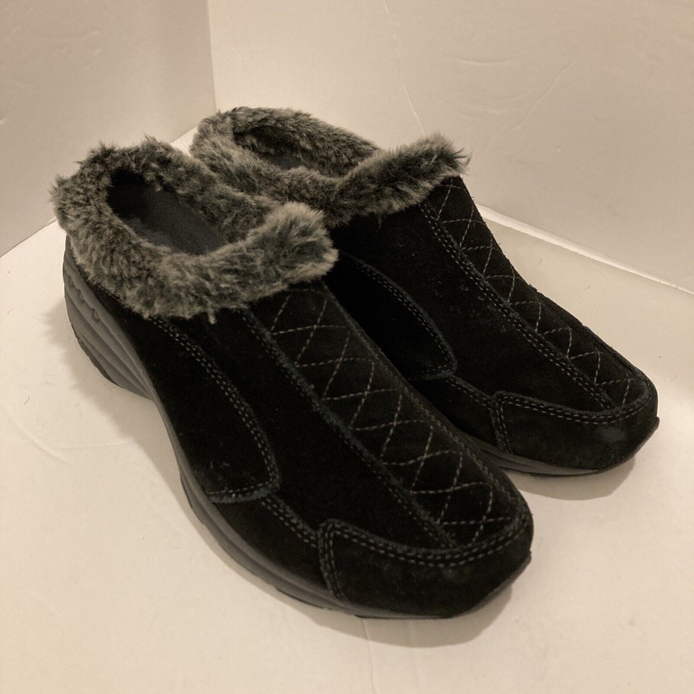 Women’s Black Suede Easy Spirit Gray Trixies Fur Trim Slides Mules Size 6 1/2